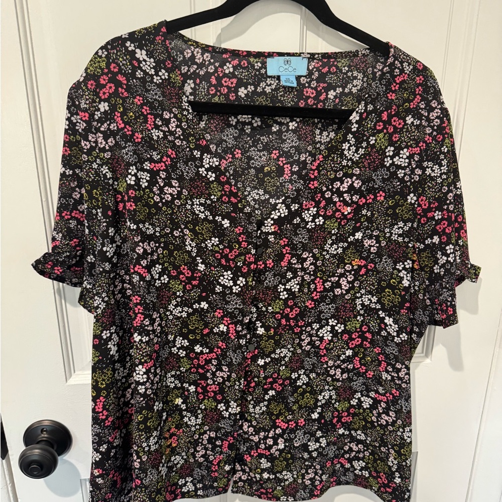 CeCe Black Floral Blouse with Pink and White Accents